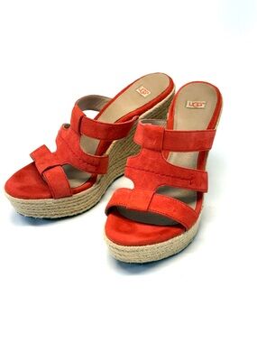UGG Tawnie Koi Red Suede Espadrille Platform Wedge Sandals Size 8